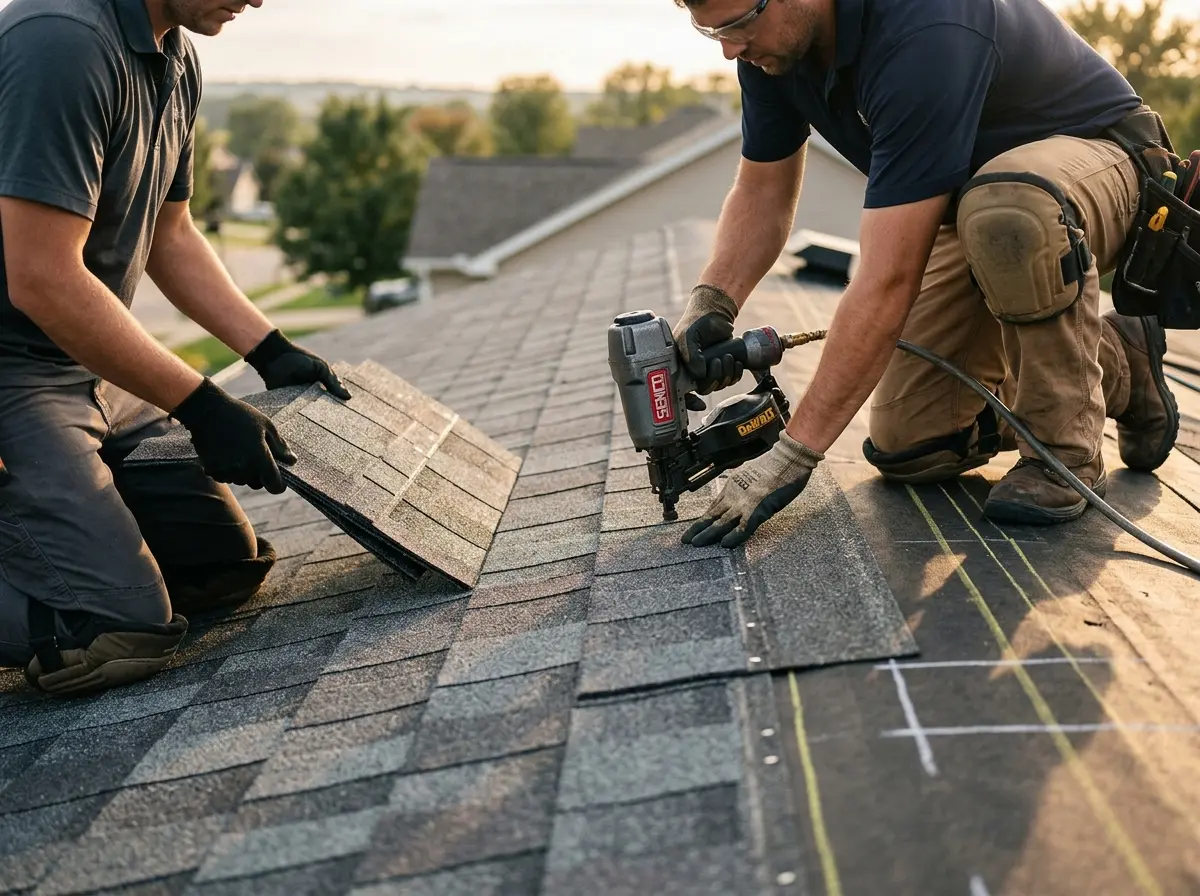 Professional roofer working on a residential roof in New Bedford